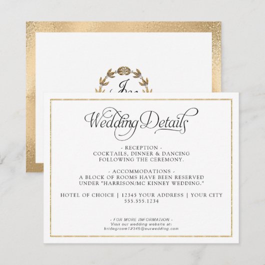 Elegante Monogram Script Gold Wedding Details Begleitkarte (Vorne/Hinten)
