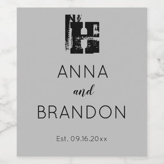 Elegante Monogram Script Moderne Hochzeit Schwarz Weinetikett (Einzelnes Label)