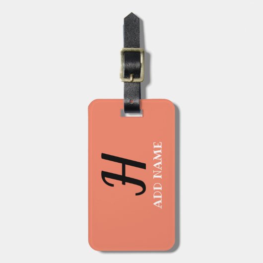Elegante Monogram Script Moderne Peach Add Name Gepäckanhänger (Vorderseite vertikal)
