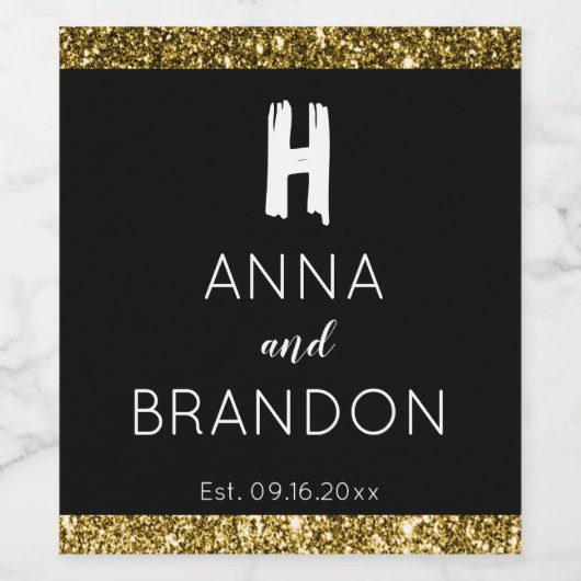 Elegante Monogram Script Moderne Wedding Black Gol Weinetikett (Einzelnes Label)