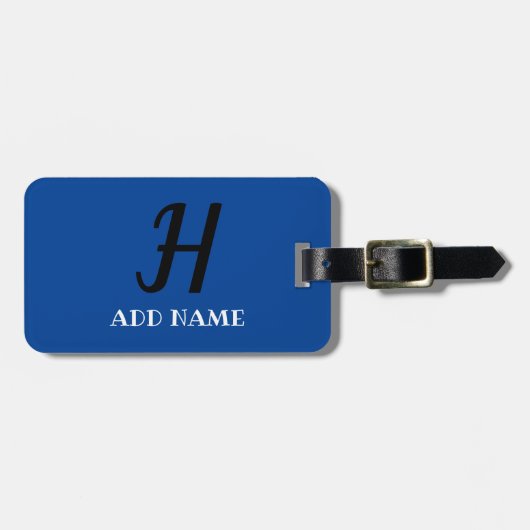 Elegante Monogram Script Moderner Blue Add Name Gepäckanhänger (Vorderseite horizontal)