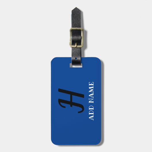 Elegante Monogram Script Moderner Blue Add Name Gepäckanhänger (Vorderseite vertikal)