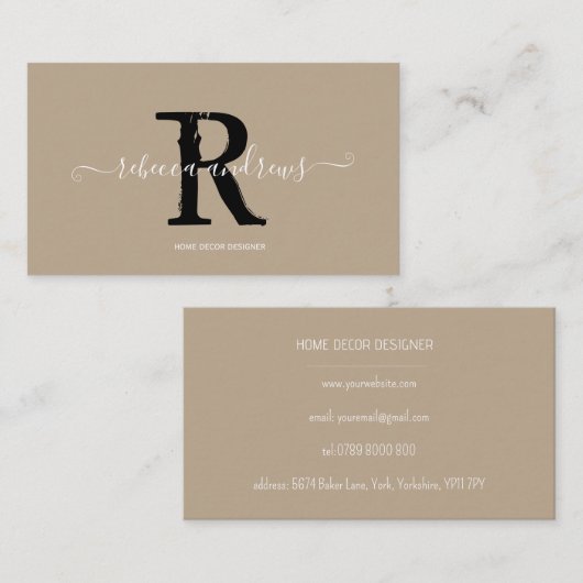 Elegante Monogram Script Name Initial Taupe Visitenkarte (Vorne/Hinten)