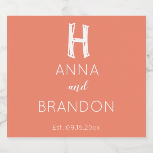 Elegante Monogram Script Name Modern Wedding Coral Schaumweinetikett (Einzelnes Label)