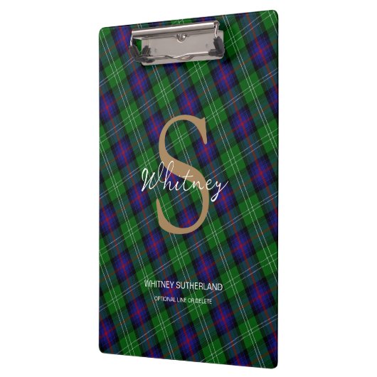 Elegante Monogram Script Name Sutherland Tartan Klemmbrett (Links)