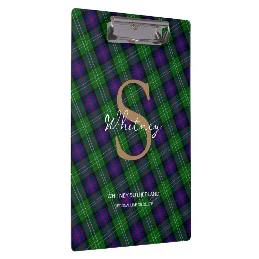 Elegante Monogram Script Name Sutherland Tartan Klemmbrett (Rechts)