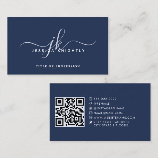 Elegante Monogram Script QR Code Social Media Blue Visitenkarte (Vorne/Hinten)