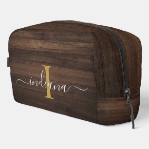 Elegante Monogram Script Rustic Wood Look Waschbeutel