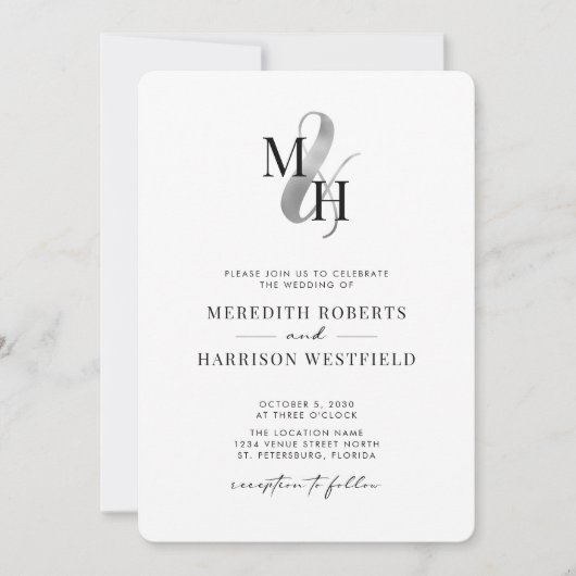 Elegante Monogram Silver Ampersand QR Code Wedding Einladung (Vorderseite)