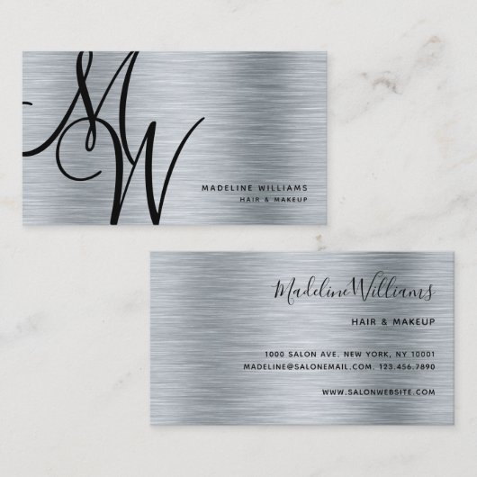 Elegante Monogram Silver Black Modern Script Name Visitenkarte (Vorne/Hinten)