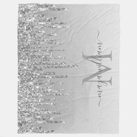 Elegante Monogram Silver Glitzer Tropfen Fleecedecke (Vorderseite)