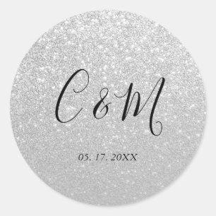 Elegante Monogram Silver Glitzer Wedding Runder Aufkleber