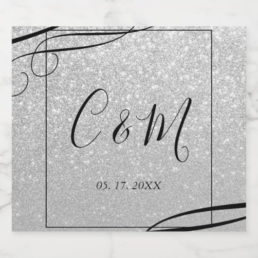 Elegante Monogram Silver Glitzer Wedding Wine Labe Schaumweinetikett (Einzelnes Label)
