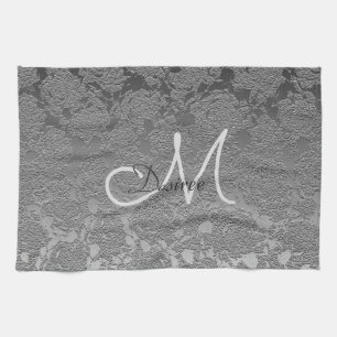 Elegante Monogram Silver Gray Floral Moderne Klass Geschirrtuch