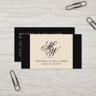 Elegante Monogram Simple Black Beige Mobile Notary Visitenkarte