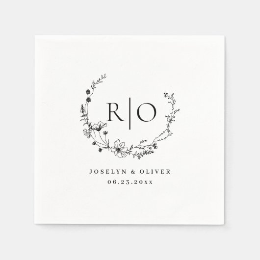 Elegante Monogram Sketched Floral Wreath Wedding Serviette (Vorderseite)
