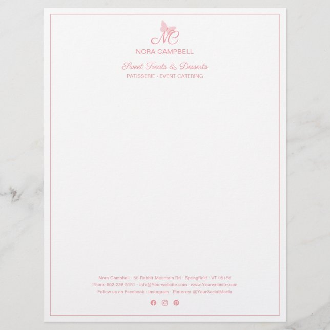 Elegante Monogram Social Media Peach Pink Border Briefbogen (Vorderseite)