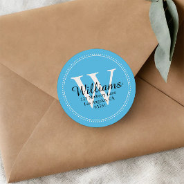 Elegante Monogram Solid Blue Rücksendeadresse Runder Aufkleber