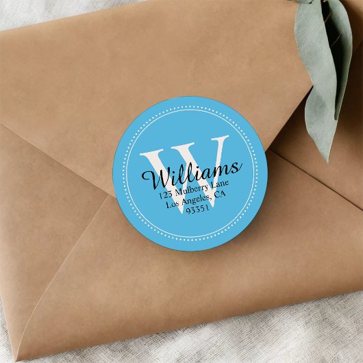 Elegante Monogram Solid Blue Rücksendeadresse Runder Aufkleber