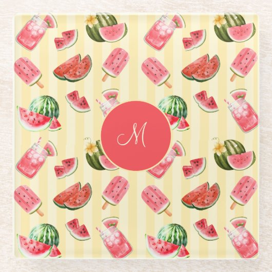 Elegante Monogram Summer Watermelon Drinks Glasuntersetzer (Vorderseite)