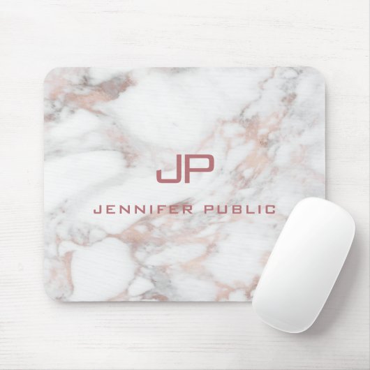 Elegante Monogram Template Rose Gold Weißer Marmor Mousepad (Mit Mouse)