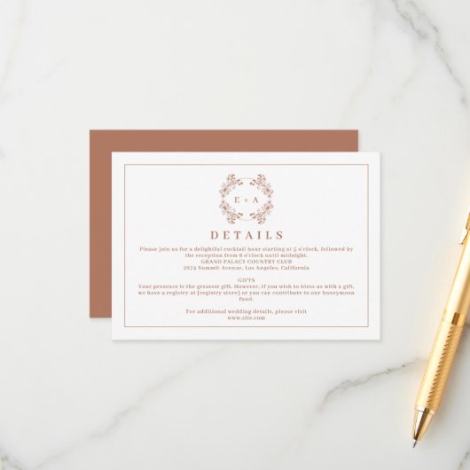 Elegante Monogram Terracota Hochzeitdetails Begleitkarte (Vorderseite/Rückseite Beispiel)