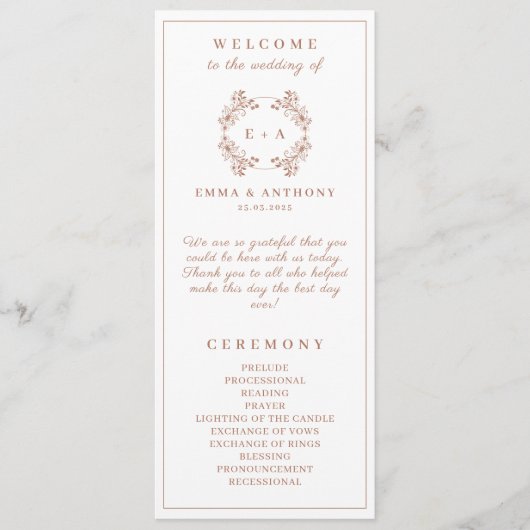 Elegante Monogram Terracota Wedding Programm (Vorderseite)