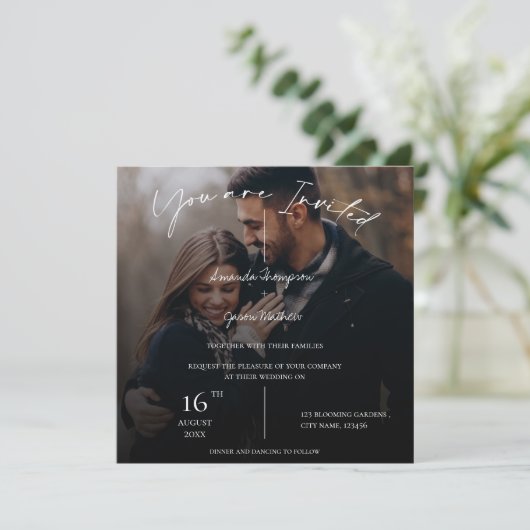 Elegante Monogram Two Foto Text Overlay Hochzeit (Stehend Vorderseite)