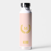 Elegante Monogram und Gold Laurel Wreath auf Rosa Trinkflasche (Links)
