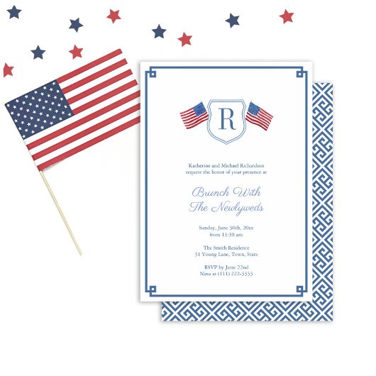 Elegante Monogram USA Flag Newlyweds Brunch Weddin Einladung