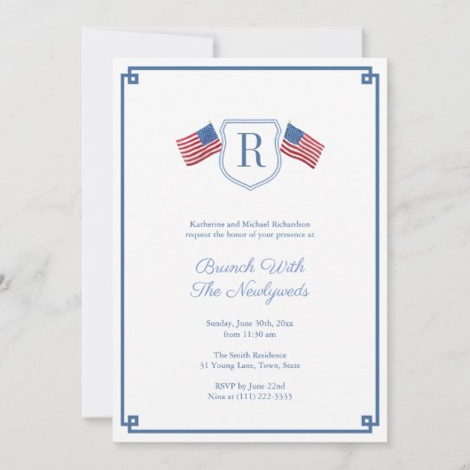 Elegante Monogram USA Flag Newlyweds Brunch Weddin Einladung (Vorderseite)