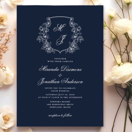 Elegante Monogram Wappen Navy Blue Wedding Einladung
