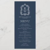 Elegante Monogram Wappen Navy Blue Wedding Menükarte (Vorderseite)