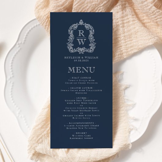 Elegante Monogram Wappen Navy Blue Wedding Menükarte