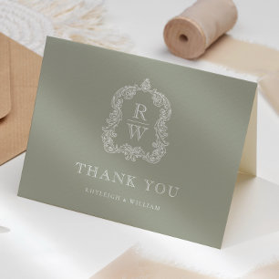 Elegante Monogram Wappen Sage Green Wedding Dankeskarte