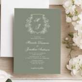 Elegante Monogram Wappen Sage Green Wedding Einladung