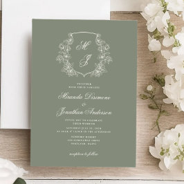 Elegante Monogram Wappen Sage Green Wedding Einladung