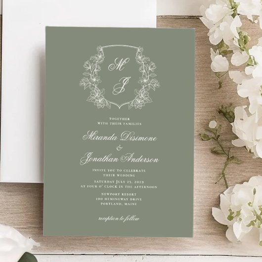 Elegante Monogram Wappen Sage Green Wedding Einladung
