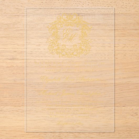 Elegante Monogram Wappen Script Wedding Imitate Go Acryleinladungen (Vorderseite)