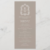 Elegante Monogram Wappen Taupe Wedding Menükarte (Vorderseite)