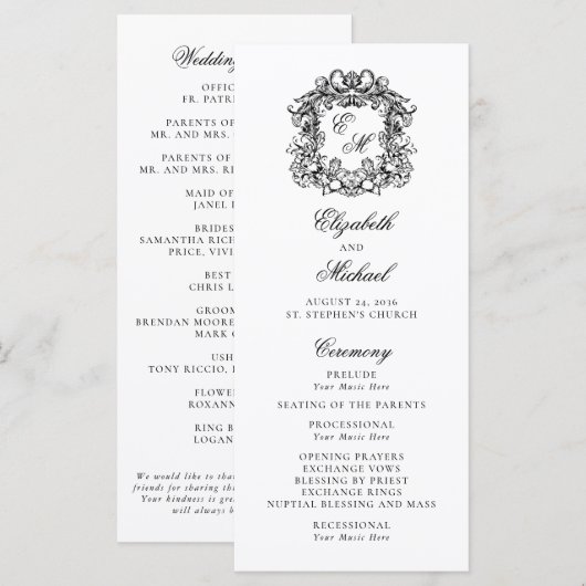 Elegante Monogram Wappen Wedding Programm (Vorne/Hinten)