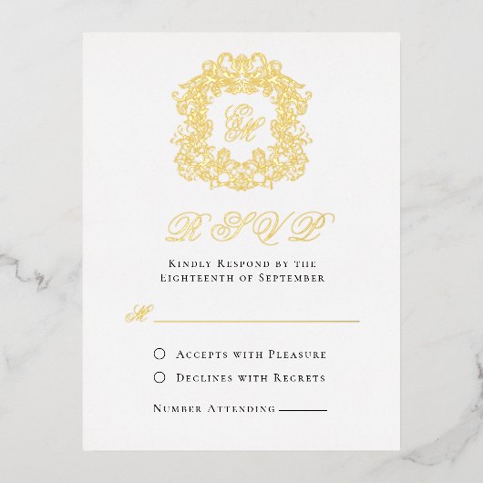 Elegante Monogram Wappen Wedding RSVP Gold Foil Ca Folie Einladungspostkarte (Vorderseite)