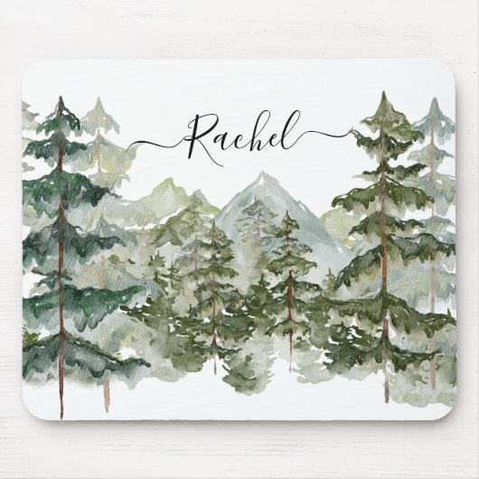 Elegante Monogram Wasserfarbene Pine Forest Mounta Mousepad (Vorne)