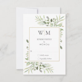 Elegante Monogram Watercolor Greenerity Wedding RSVP Karte