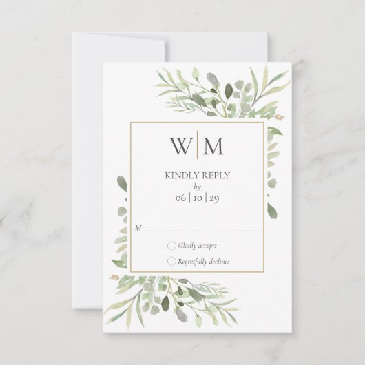 Elegante Monogram Watercolor Greenerity Wedding RSVP Karte (Vorderseite)