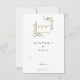Elegante Monogram Watercolor Greenerity Wedding RSVP Karte