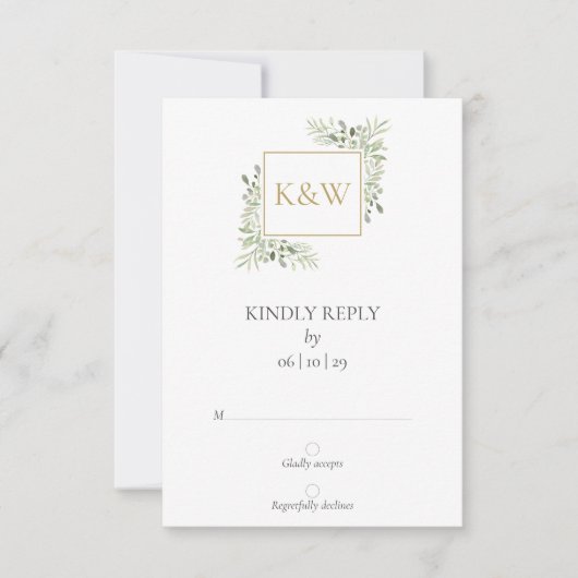 Elegante Monogram Watercolor Greenerity Wedding RSVP Karte (Vorderseite)