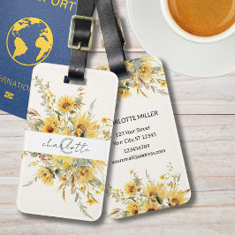 Elegante Monogram Watercolor Sonnenblume Bouquet Gepäckanhänger