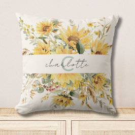 Elegante Monogram Watercolor Sonnenblume Bouquet Kissen