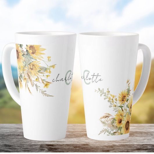 Elegante Monogram Watercolor Sonnenblume Bouquet Milchtasse